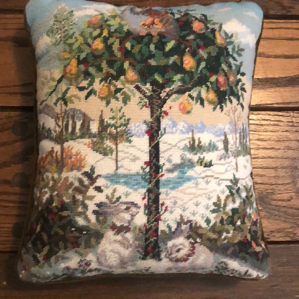 Vintage 90’s Katha Diddel Needlepoint Wool Pillow Rabbits partridge in pear tree